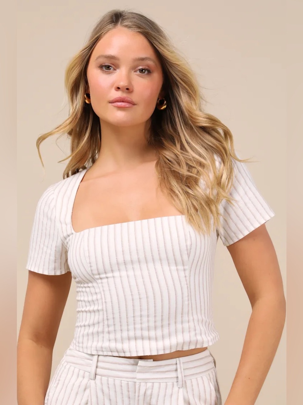 Lulus Danai Ivory and Beige Striped Short Sleeve Crop Top Size S NWT